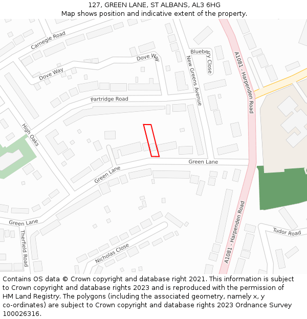 127, GREEN LANE, ST ALBANS, AL3 6HG: Location map and indicative extent of plot