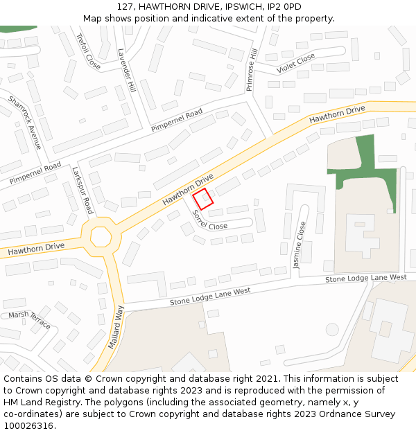 127, HAWTHORN DRIVE, IPSWICH, IP2 0PD: Location map and indicative extent of plot