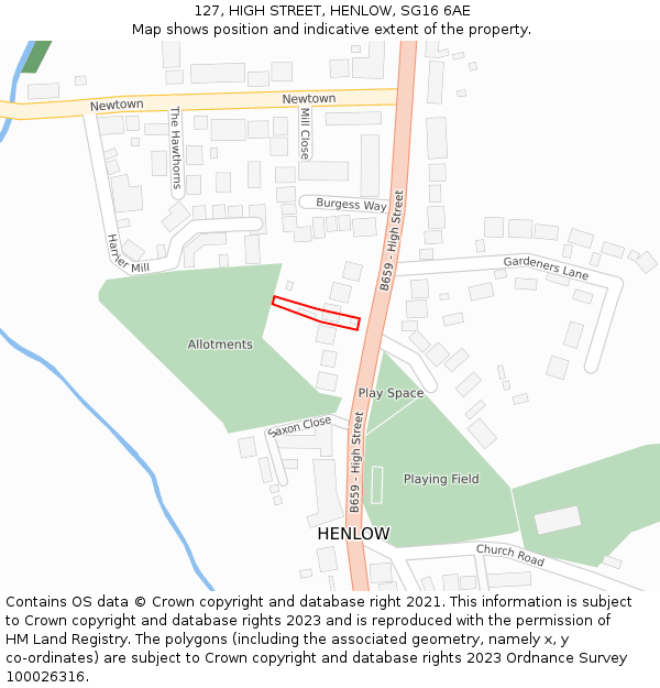127, HIGH STREET, HENLOW, SG16 6AE: Location map and indicative extent of plot