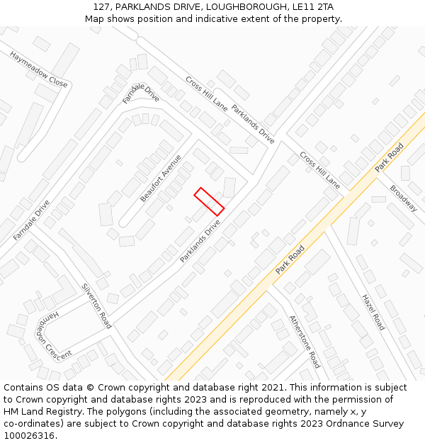 127, PARKLANDS DRIVE, LOUGHBOROUGH, LE11 2TA: Location map and indicative extent of plot