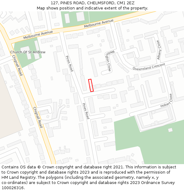 127, PINES ROAD, CHELMSFORD, CM1 2EZ: Location map and indicative extent of plot