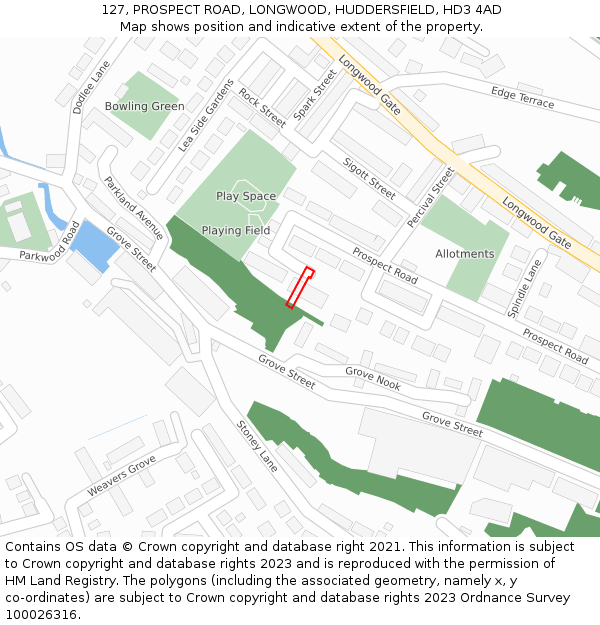 127, PROSPECT ROAD, LONGWOOD, HUDDERSFIELD, HD3 4AD: Location map and indicative extent of plot
