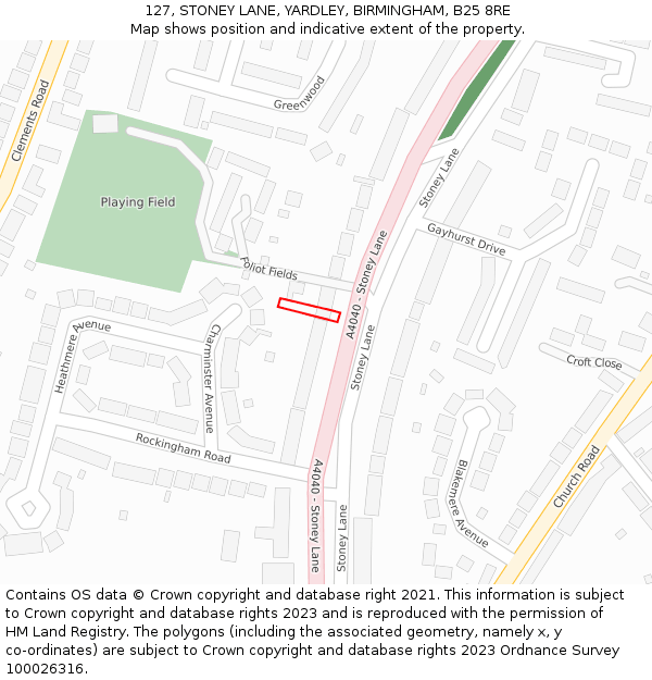 127, STONEY LANE, YARDLEY, BIRMINGHAM, B25 8RE: Location map and indicative extent of plot