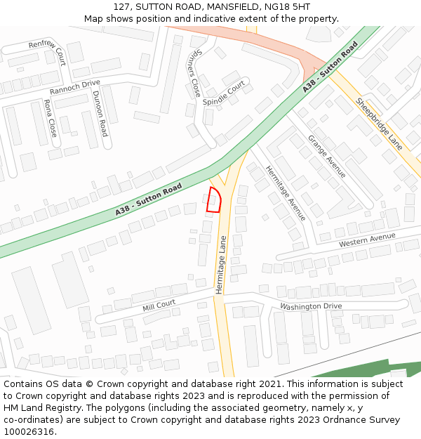 127, SUTTON ROAD, MANSFIELD, NG18 5HT: Location map and indicative extent of plot
