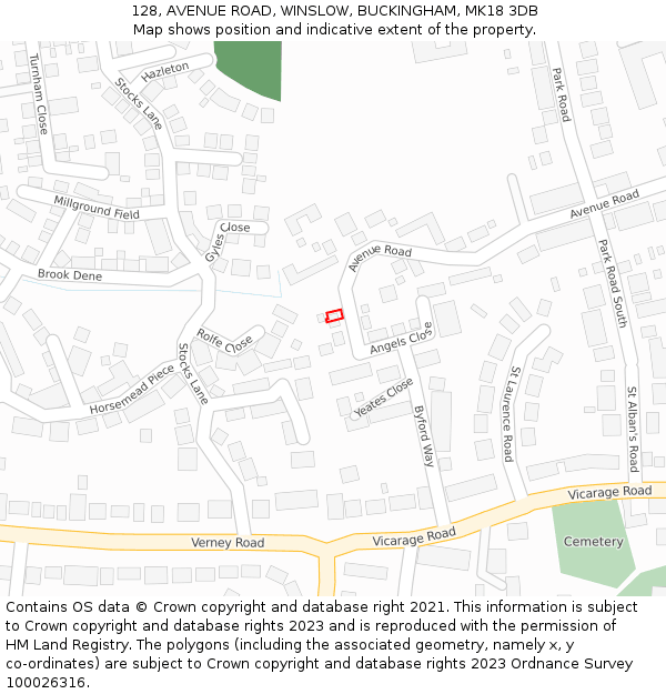 128, AVENUE ROAD, WINSLOW, BUCKINGHAM, MK18 3DB: Location map and indicative extent of plot