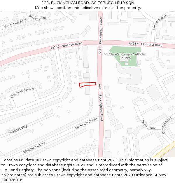 128, BUCKINGHAM ROAD, AYLESBURY, HP19 9QN: Location map and indicative extent of plot