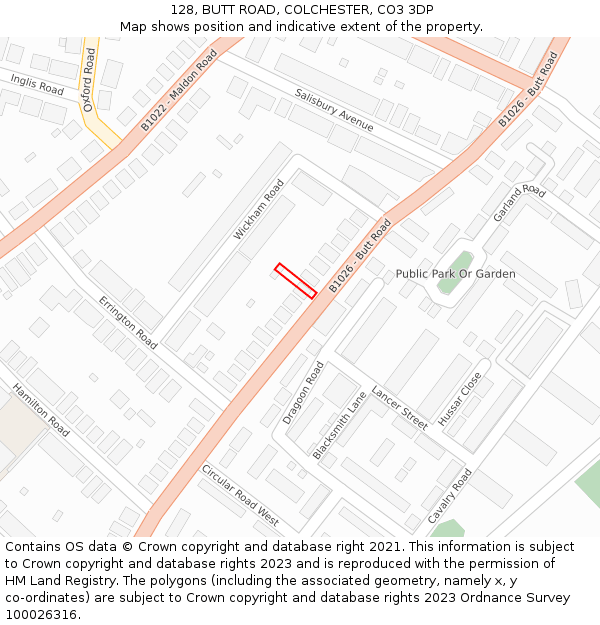 128, BUTT ROAD, COLCHESTER, CO3 3DP: Location map and indicative extent of plot