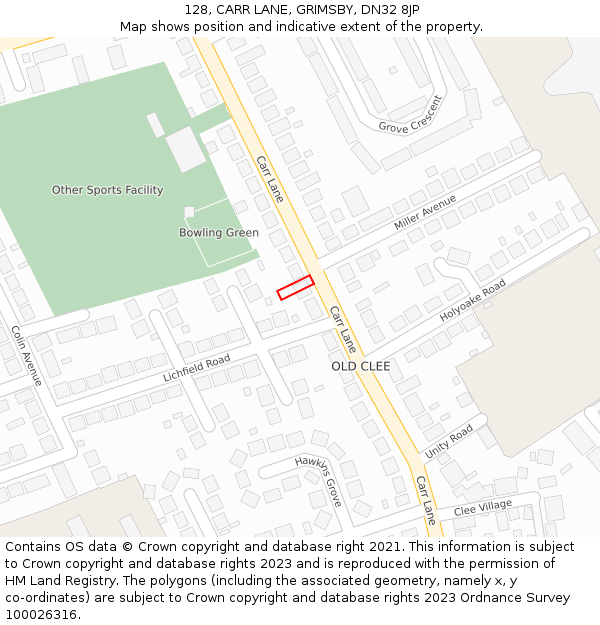 128, CARR LANE, GRIMSBY, DN32 8JP: Location map and indicative extent of plot