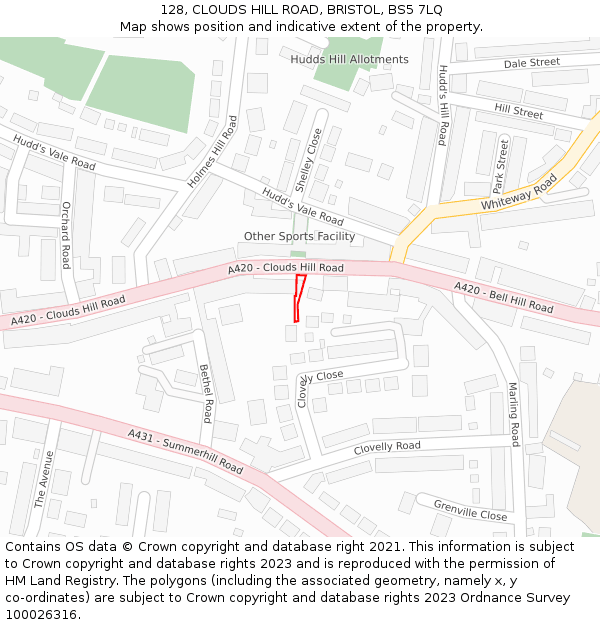 128, CLOUDS HILL ROAD, BRISTOL, BS5 7LQ: Location map and indicative extent of plot
