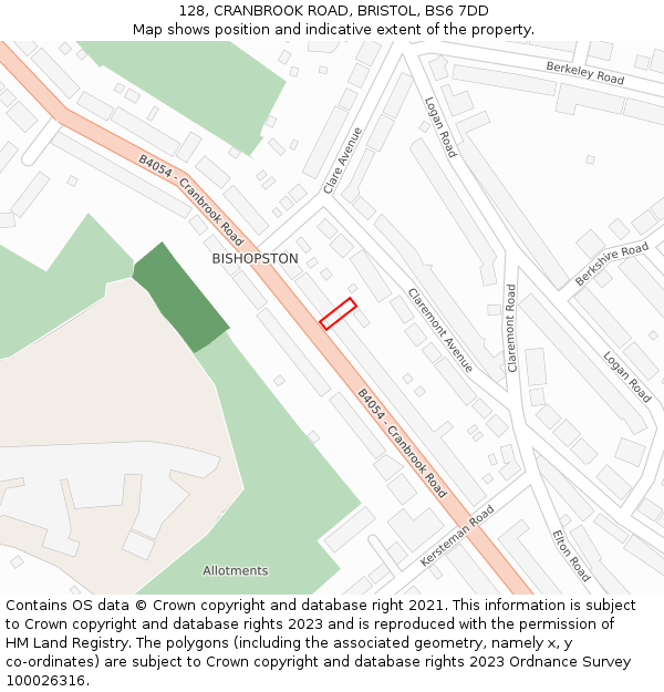 128, CRANBROOK ROAD, BRISTOL, BS6 7DD: Location map and indicative extent of plot
