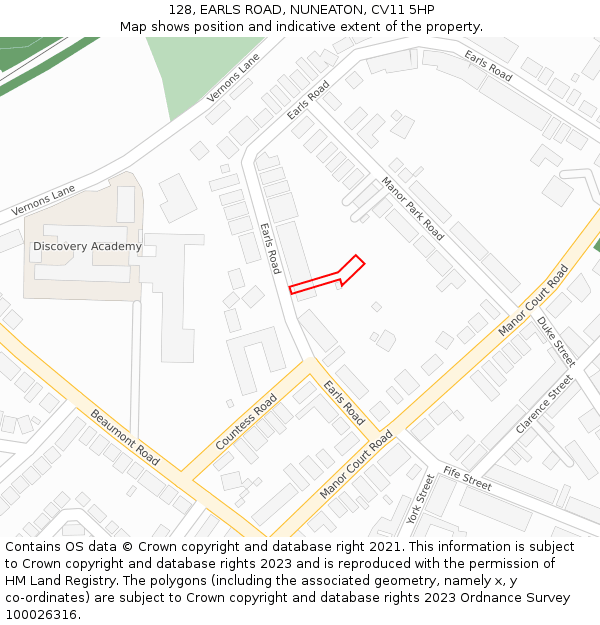 128, EARLS ROAD, NUNEATON, CV11 5HP: Location map and indicative extent of plot