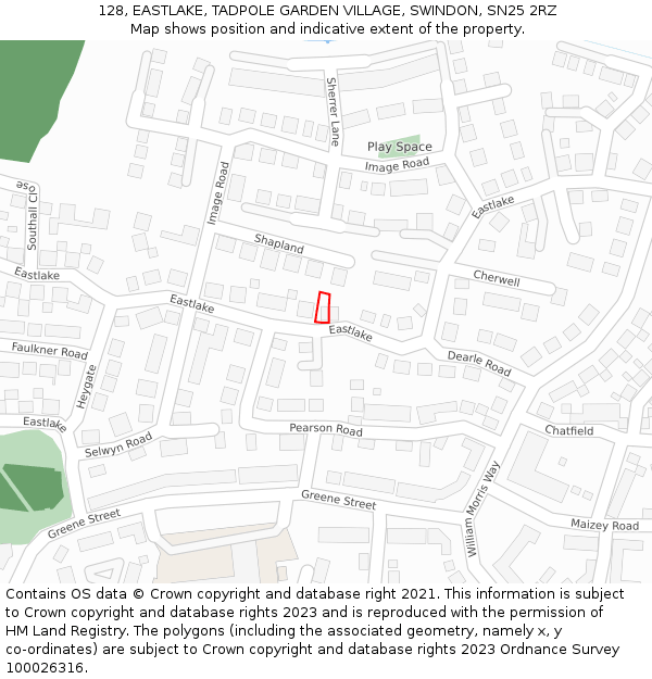 128, EASTLAKE, TADPOLE GARDEN VILLAGE, SWINDON, SN25 2RZ: Location map and indicative extent of plot
