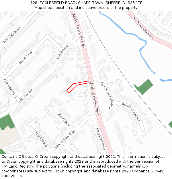128, ECCLESFIELD ROAD, CHAPELTOWN, SHEFFIELD, S35 1TE: Location map and indicative extent of plot