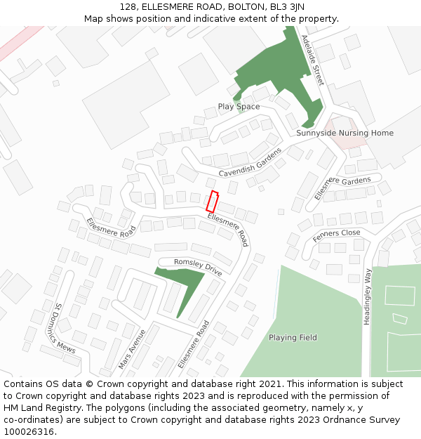 128, ELLESMERE ROAD, BOLTON, BL3 3JN: Location map and indicative extent of plot