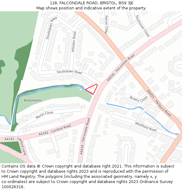 128, FALCONDALE ROAD, BRISTOL, BS9 3JE: Location map and indicative extent of plot