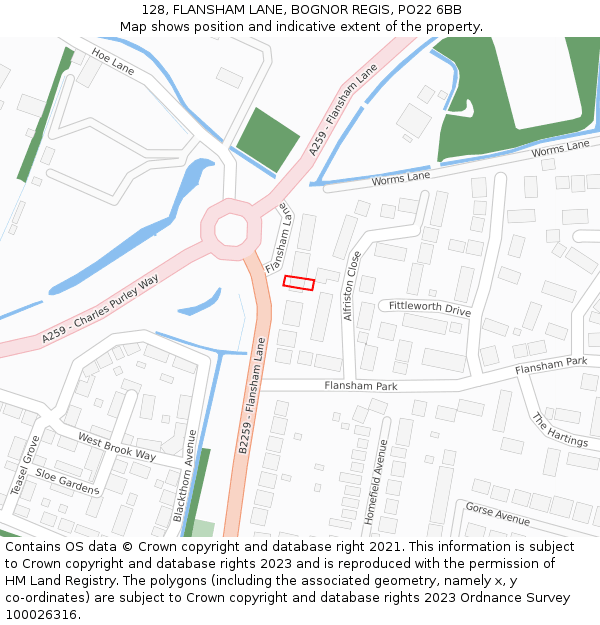 128, FLANSHAM LANE, BOGNOR REGIS, PO22 6BB: Location map and indicative extent of plot