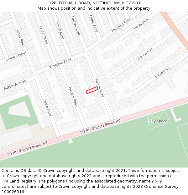 128, FOXHALL ROAD, NOTTINGHAM, NG7 6LH: Location map and indicative extent of plot