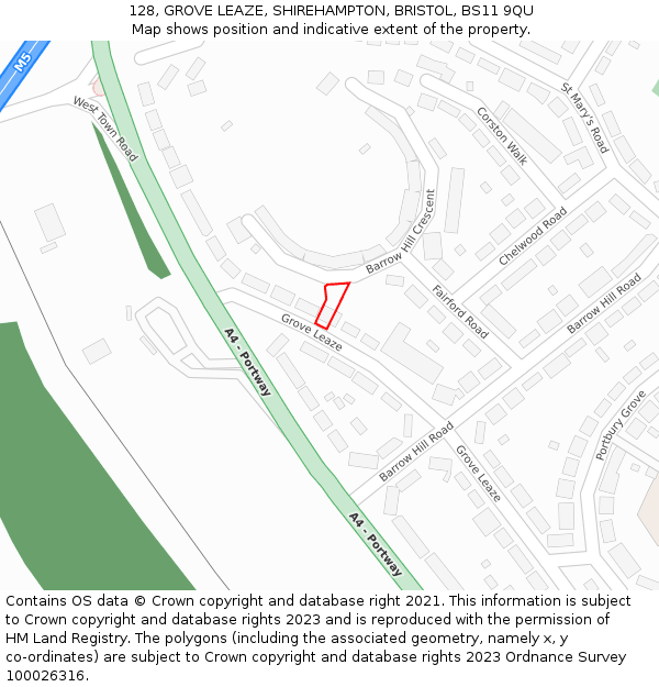128, GROVE LEAZE, SHIREHAMPTON, BRISTOL, BS11 9QU: Location map and indicative extent of plot