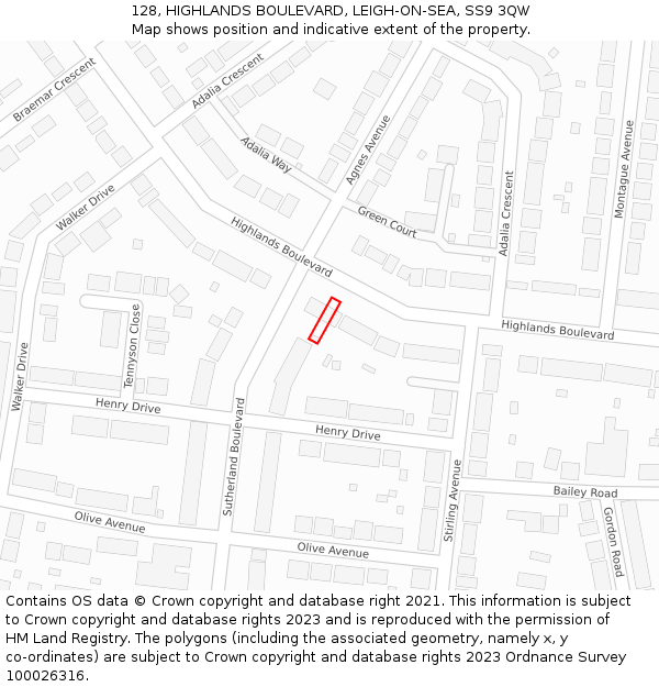 128, HIGHLANDS BOULEVARD, LEIGH-ON-SEA, SS9 3QW: Location map and indicative extent of plot
