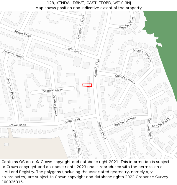 128, KENDAL DRIVE, CASTLEFORD, WF10 3NJ: Location map and indicative extent of plot