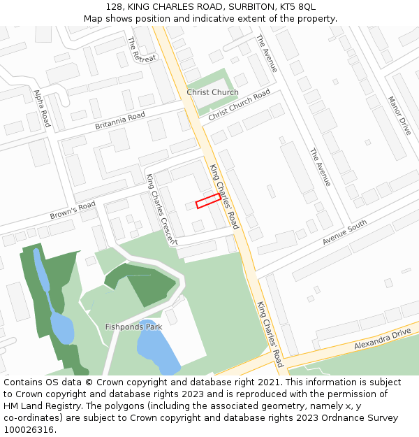 128, KING CHARLES ROAD, SURBITON, KT5 8QL: Location map and indicative extent of plot
