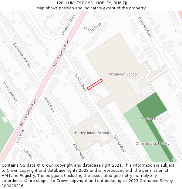 128, LUMLEY ROAD, HORLEY, RH6 7JJ: Location map and indicative extent of plot