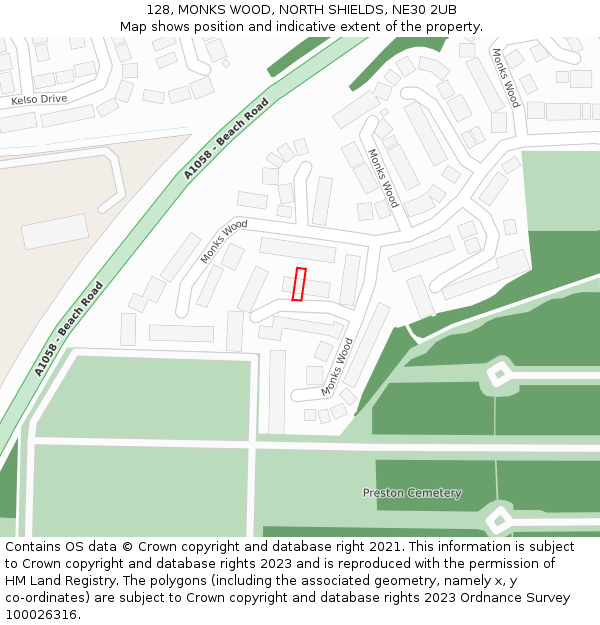 128, MONKS WOOD, NORTH SHIELDS, NE30 2UB: Location map and indicative extent of plot