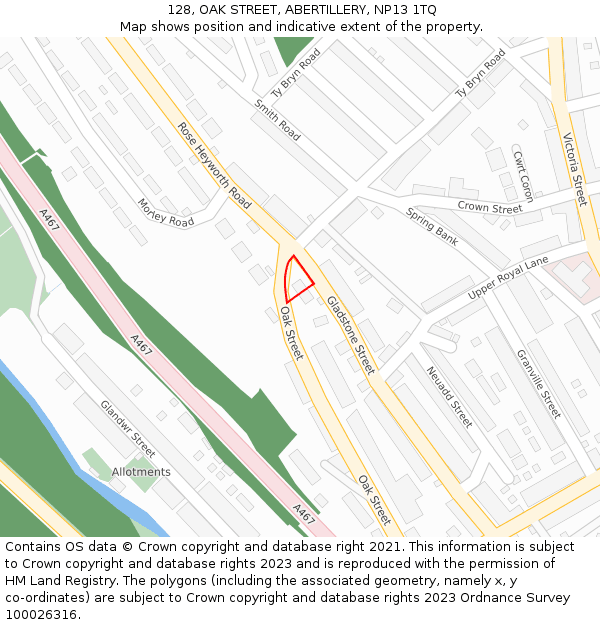 128, OAK STREET, ABERTILLERY, NP13 1TQ: Location map and indicative extent of plot