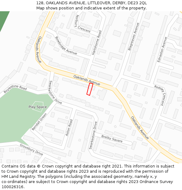 128, OAKLANDS AVENUE, LITTLEOVER, DERBY, DE23 2QL: Location map and indicative extent of plot