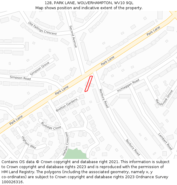128, PARK LANE, WOLVERHAMPTON, WV10 9QL: Location map and indicative extent of plot