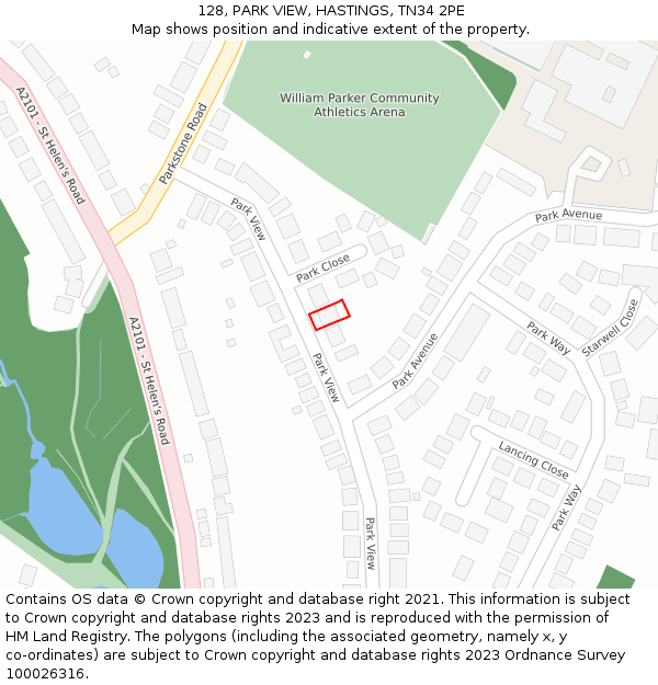 128, PARK VIEW, HASTINGS, TN34 2PE: Location map and indicative extent of plot