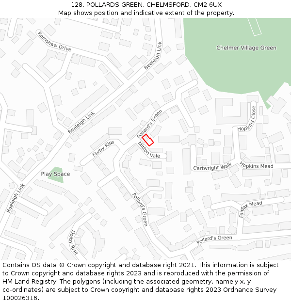 128, POLLARDS GREEN, CHELMSFORD, CM2 6UX: Location map and indicative extent of plot
