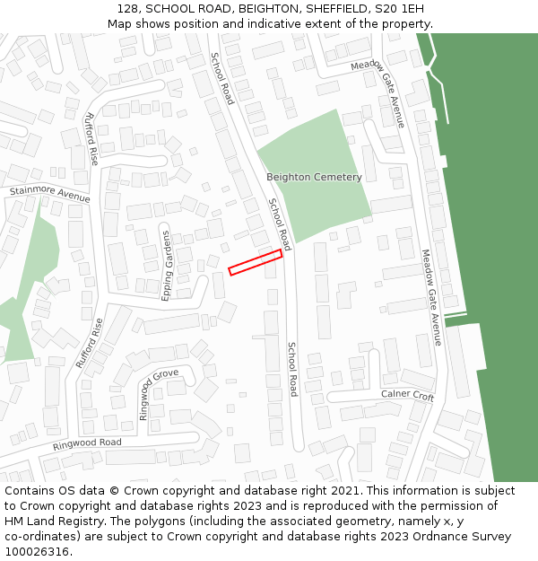 128, SCHOOL ROAD, BEIGHTON, SHEFFIELD, S20 1EH: Location map and indicative extent of plot