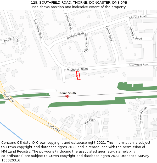 128, SOUTHFIELD ROAD, THORNE, DONCASTER, DN8 5PB: Location map and indicative extent of plot