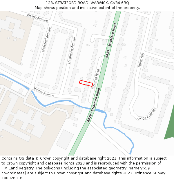128, STRATFORD ROAD, WARWICK, CV34 6BQ: Location map and indicative extent of plot