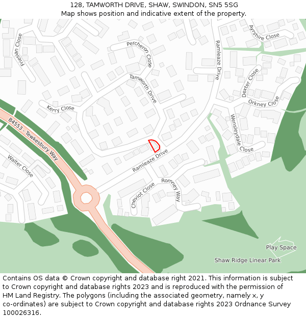 128, TAMWORTH DRIVE, SHAW, SWINDON, SN5 5SG: Location map and indicative extent of plot