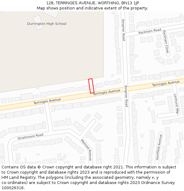128, TERRINGES AVENUE, WORTHING, BN13 1JP: Location map and indicative extent of plot