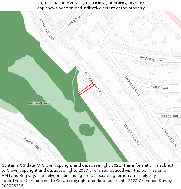 128, THIRLMERE AVENUE, TILEHURST, READING, RG30 6XL: Location map and indicative extent of plot