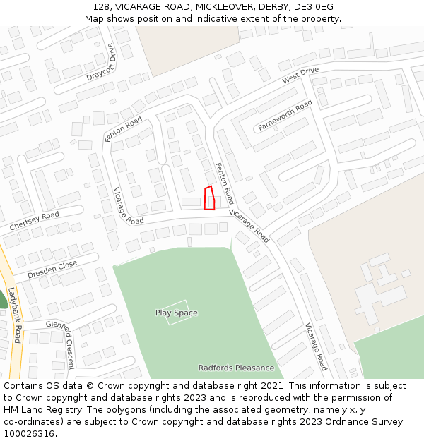 128, VICARAGE ROAD, MICKLEOVER, DERBY, DE3 0EG: Location map and indicative extent of plot