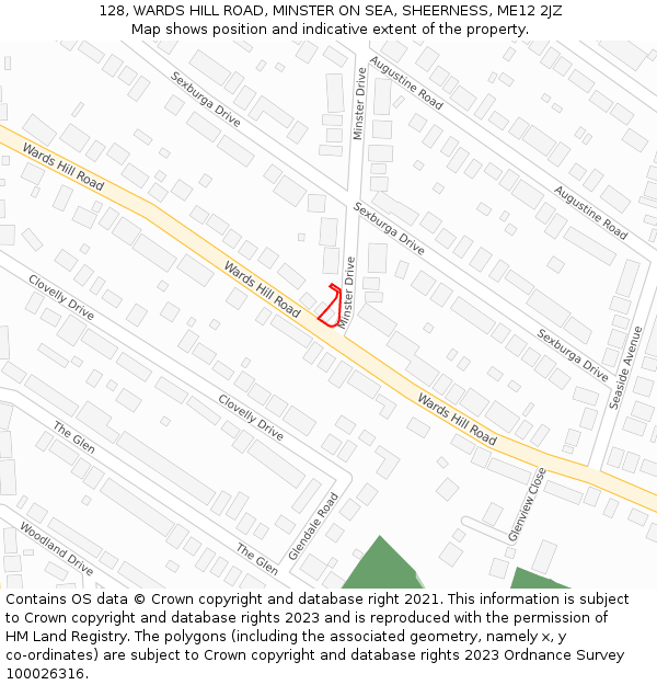 128, WARDS HILL ROAD, MINSTER ON SEA, SHEERNESS, ME12 2JZ: Location map and indicative extent of plot