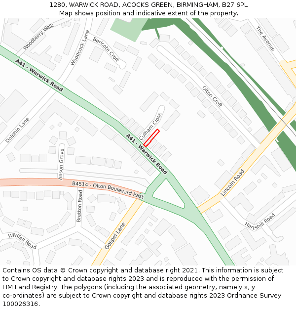 1280, WARWICK ROAD, ACOCKS GREEN, BIRMINGHAM, B27 6PL: Location map and indicative extent of plot