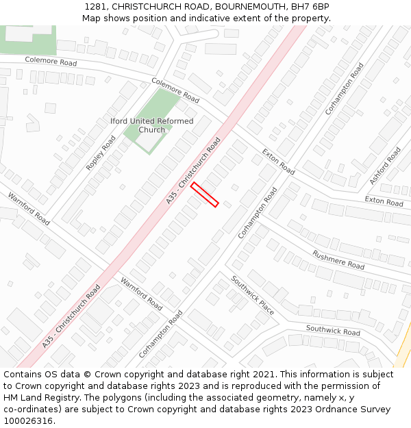 1281, CHRISTCHURCH ROAD, BOURNEMOUTH, BH7 6BP: Location map and indicative extent of plot