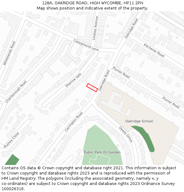 128A, OAKRIDGE ROAD, HIGH WYCOMBE, HP11 2PN: Location map and indicative extent of plot