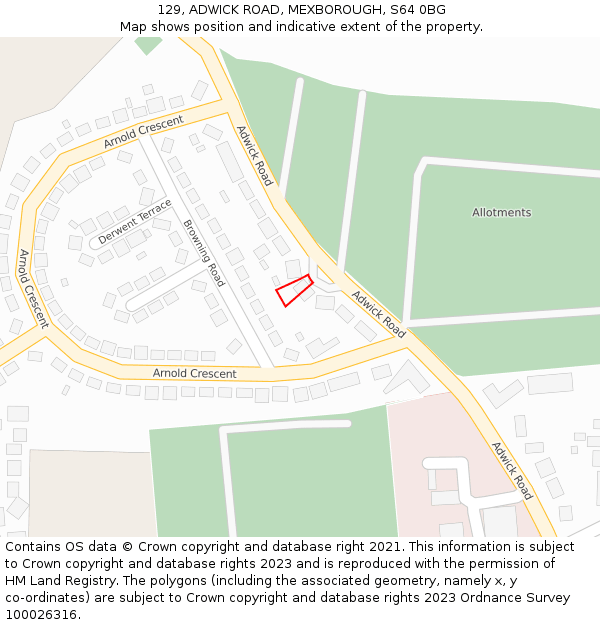129, ADWICK ROAD, MEXBOROUGH, S64 0BG: Location map and indicative extent of plot