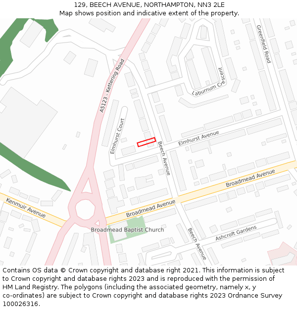 129, BEECH AVENUE, NORTHAMPTON, NN3 2LE: Location map and indicative extent of plot
