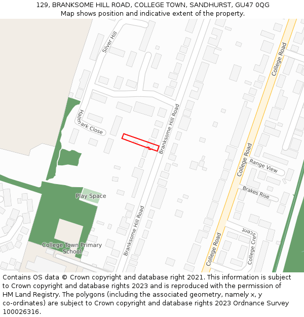 129, BRANKSOME HILL ROAD, COLLEGE TOWN, SANDHURST, GU47 0QG: Location map and indicative extent of plot