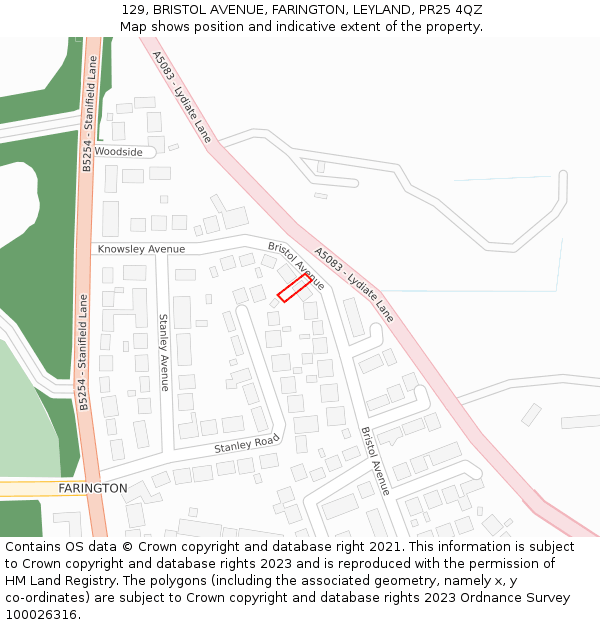 129, BRISTOL AVENUE, FARINGTON, LEYLAND, PR25 4QZ: Location map and indicative extent of plot