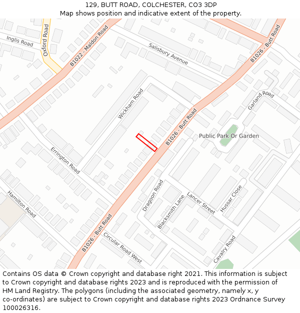 129, BUTT ROAD, COLCHESTER, CO3 3DP: Location map and indicative extent of plot