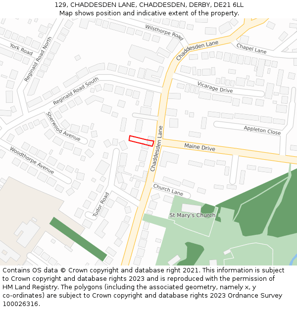 129, CHADDESDEN LANE, CHADDESDEN, DERBY, DE21 6LL: Location map and indicative extent of plot