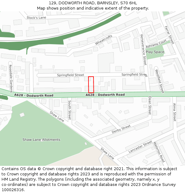 129, DODWORTH ROAD, BARNSLEY, S70 6HL: Location map and indicative extent of plot